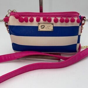 Betsey Johnson Pom Pom Striped Crossbody Bag Pink Blue Cream Gold Chain